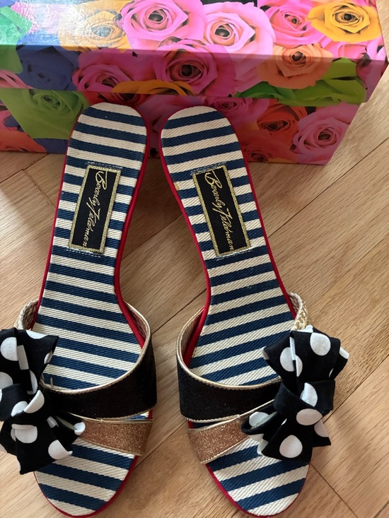 Betsey Johnson Shoes - Betsey Johnson Navy Stripe, Black, White & Gold Slide Sandals